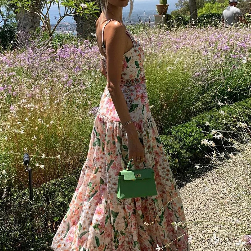 Flower print high waisted long dress summer hollow sleeveless garden party dress sexy shoulder hanging beach dress 250319
