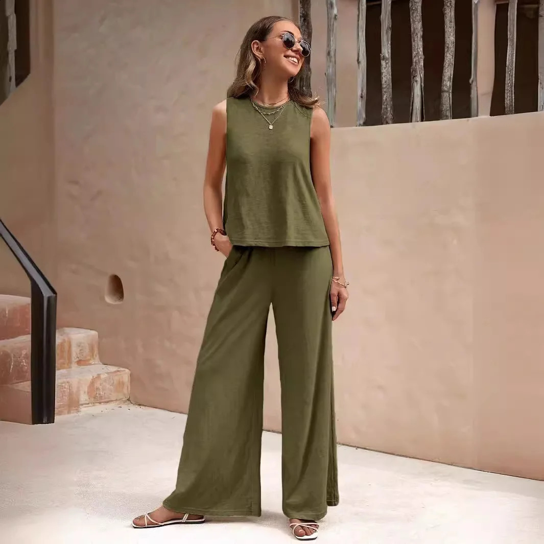 Elegant Womens Summer Yellow Round Neck Sleeveless Fashion Top Womens Casual High Waist Pocket Wide Leg Pants 2-piece Set XXL 250324