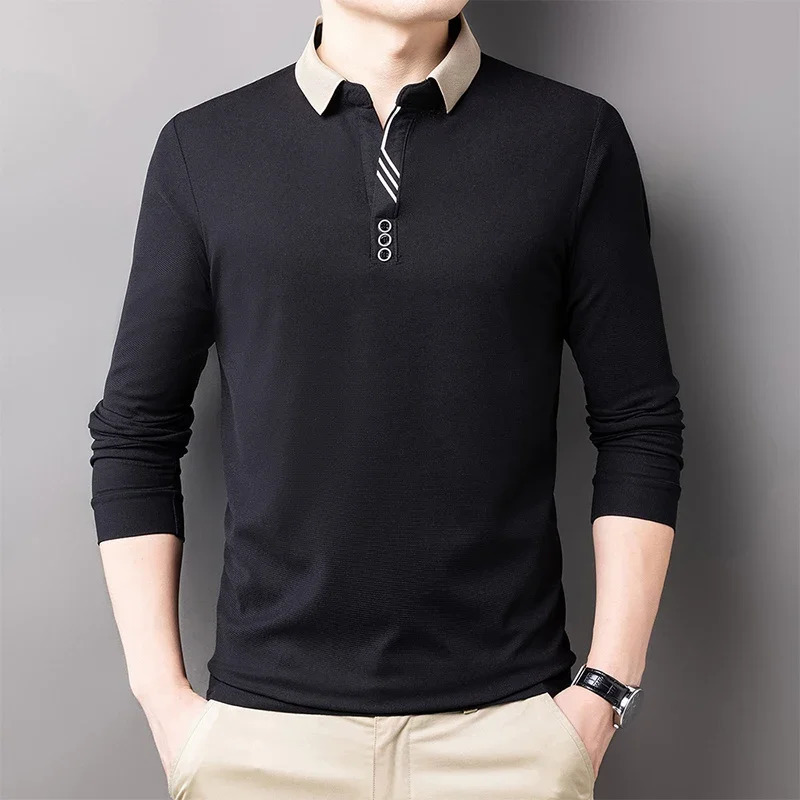 Mens casual striped plain long sleeved polo shirt fashionable solid top 250312