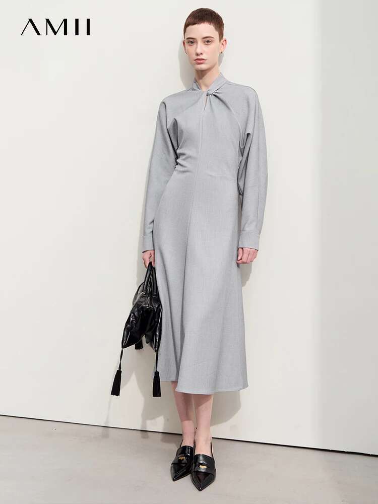 Amii Minimalism 2024 Autumn New Dresses Stand Collar Twist Pleat Waist Long-sleeve Office Lady Dress for Women 12453014