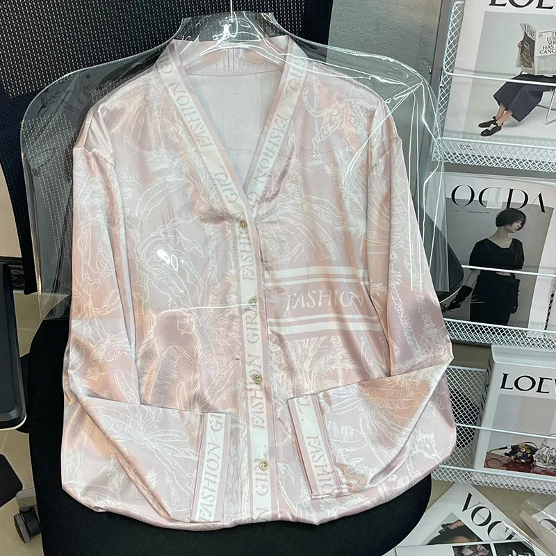 Spring and summer French long sleeved open top pajamas for womens home wear pink V-neck Japanese style silk pajamas 250321