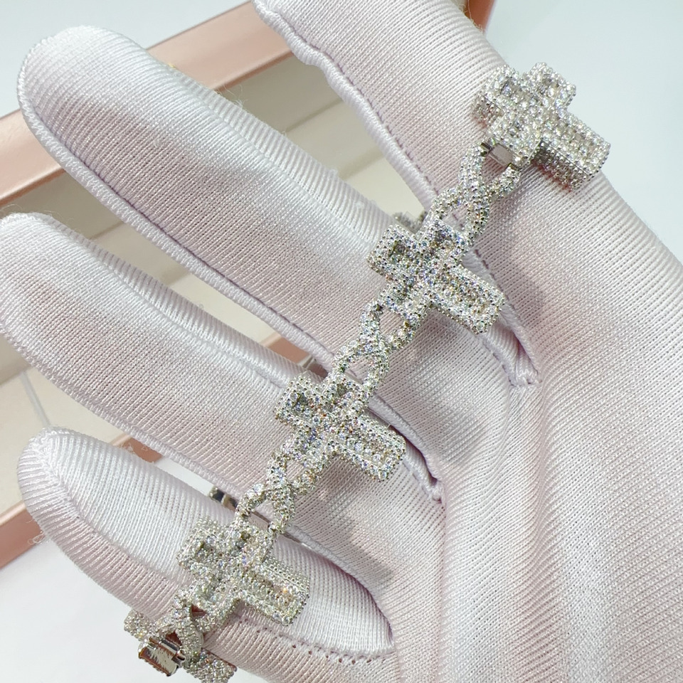 New Fashion Hip Hop Jewelry Moissanite Cuban Link Bracelet 925 Silver 15mm Cross Design Bracelet For Men Women