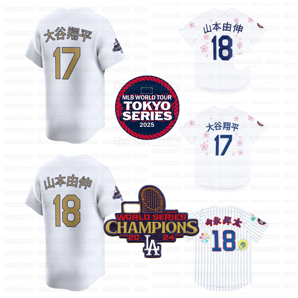 17 Shohei Ohtani 2025 Gold Collection tokyo series Takashi Murakami Dodgers Cubs Kanji Jerseys 18 Yoshinobu Yamamoto 18 Shota Imanaga 27 Seiya Suzuki