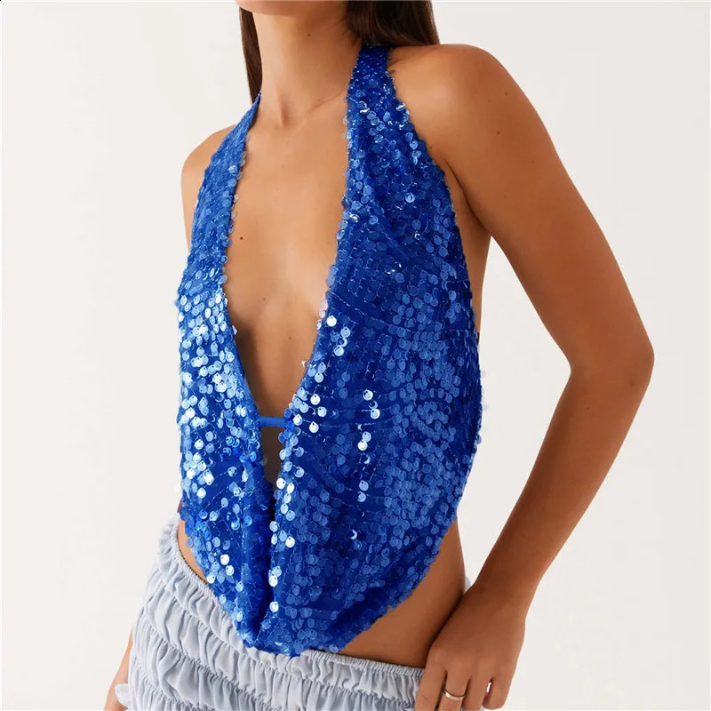 Women Sparkly Sequins Tank Tops Y2k Glitter Backless Halter Neck Vests Summer Sleeveless Tops Holiday Party Club Streetwear 250324