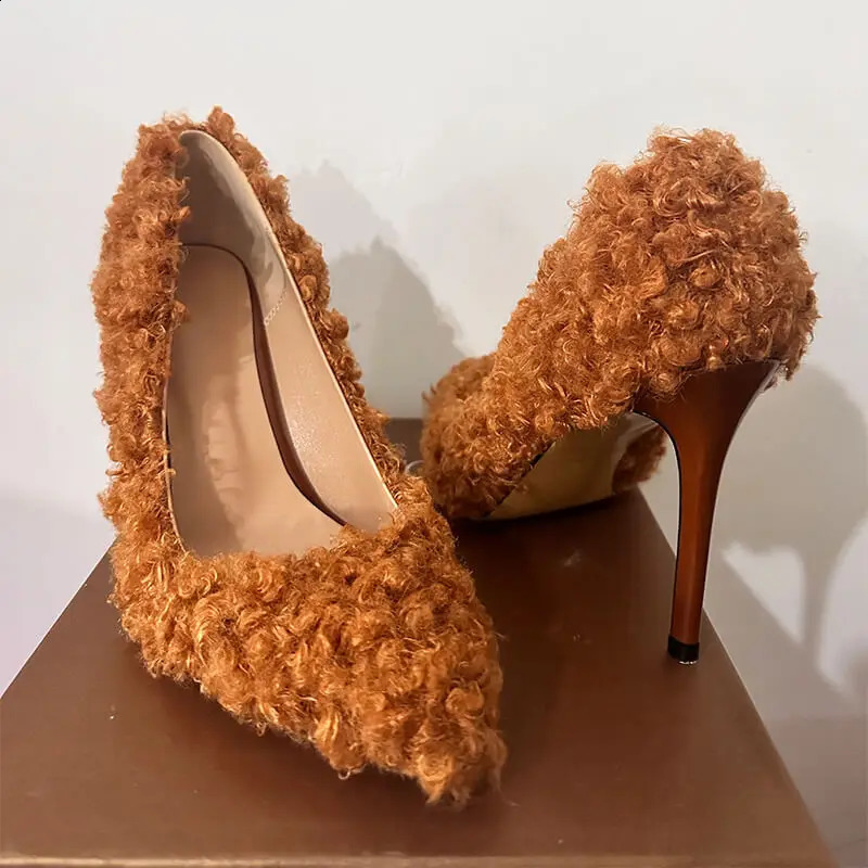 Onlymaker Women Pumps Brown Faux Fur Pointed Toe 10CM Slip-On Thin Heels Party Wedding Office Lady Big Size Shoes 250322