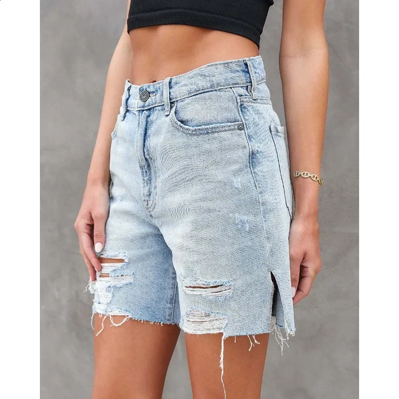 2025 Summer Womens Street Trendy Washed Hole Side Split Cowboy Pentagram Pants European and American Casual Shorts for Women 250322