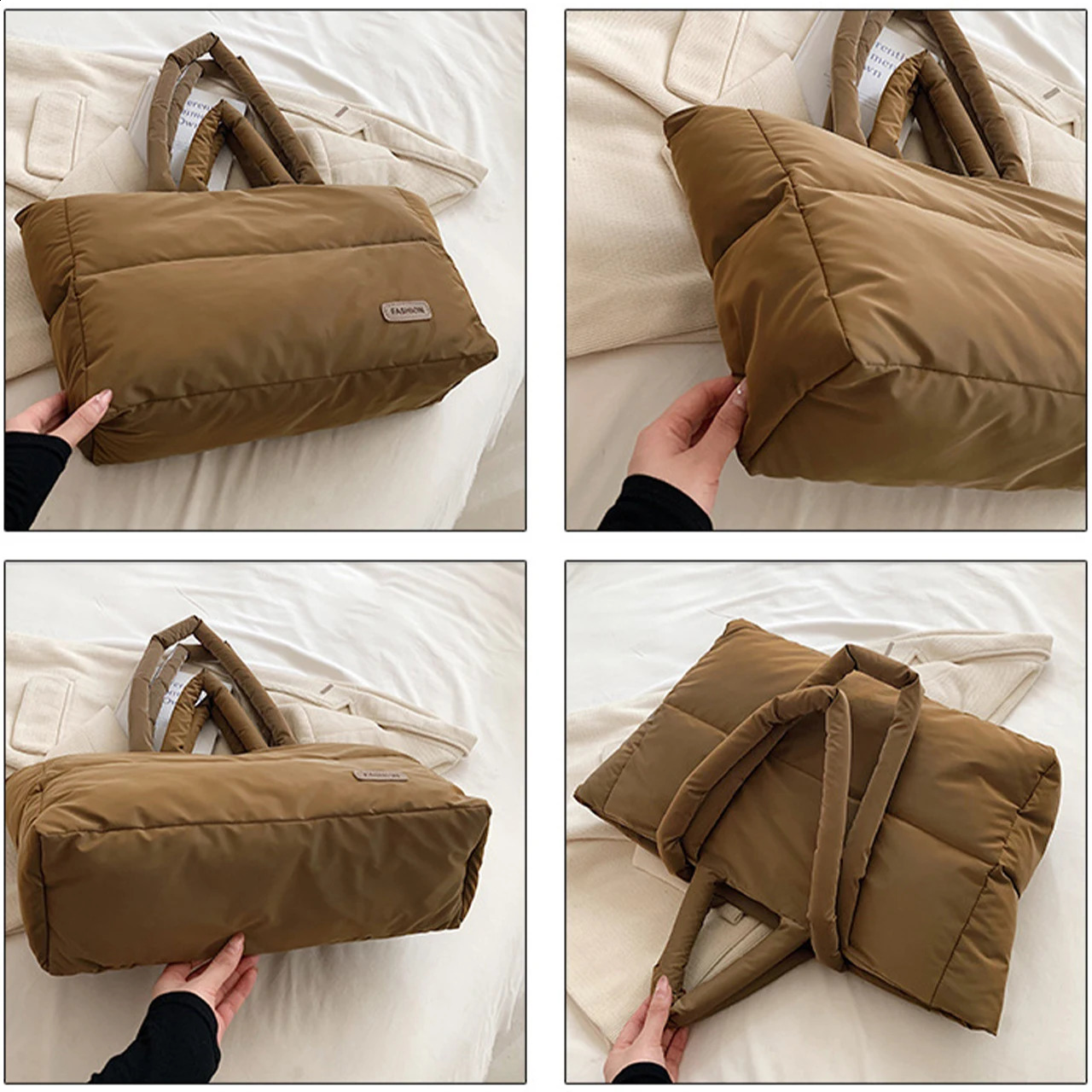 Fashion Plaid Padded Tote Bag Laptop bag Soft Puffy Women Handbags Nylon Down Cotton Shoulder Bags Warm Winter Female Purse 250314