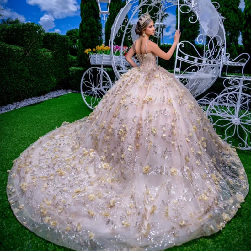 Light Champagne Quinceanera Dresses Spaghetti Strap Ball Gown Sweet 16 Dress Beading Crystal Sequin Appliques Flower Birthday Party Vestidos De 15 Ano