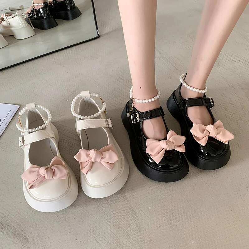 Spring Autumn Fashion New Beaded Round Toe Solid Color Casual and Comfortable Women's Banquet Bow Thick-soled Shoes