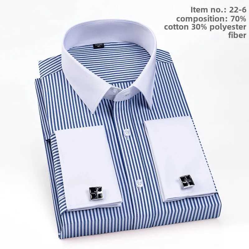 2025 mens French cufflink shirt ultra-thin fit color collar business dress mens long sleeved striped shirt collar X250324