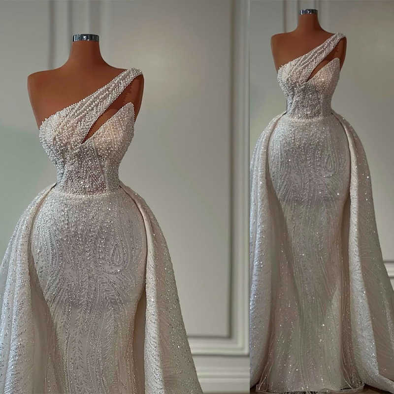 Classic Mermaid Wedding Dress One Shoulder Sleeveless Bridal Gowns Sequins Pearls Detachable Train Dresses Custom Made vestidos de novia