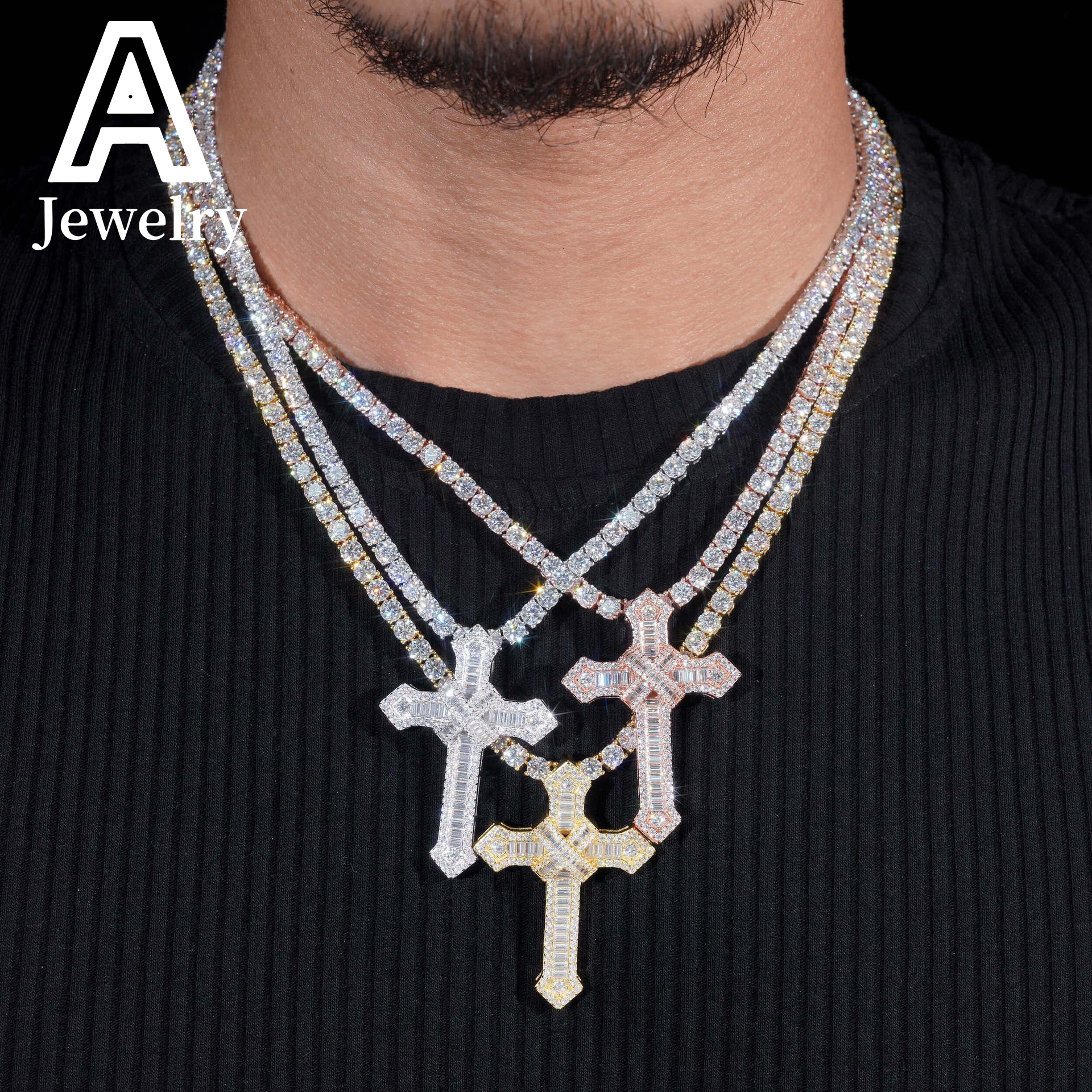 New Style Hip Hop iced out Cross Pendant 925 Silver Baguette VVS Moissanite Cross Charm Pendants