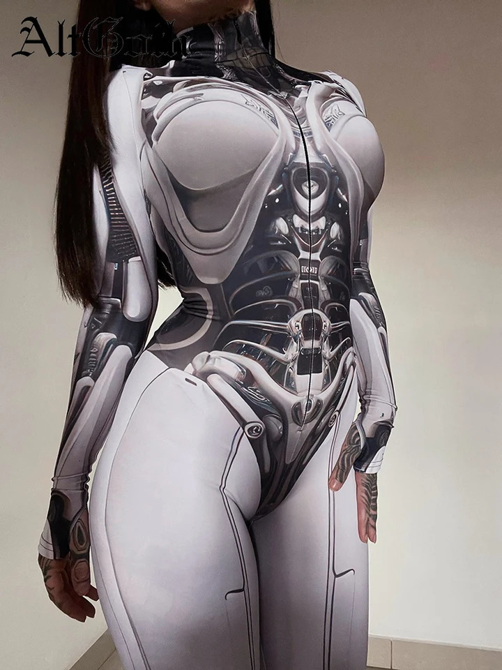 AltGoth Cyberpunk Cosplay Bodycon jumpsuit womens streetwear Y2k shopping center Gothic 3D printed long sleeved game set emoticon anime costume 250324