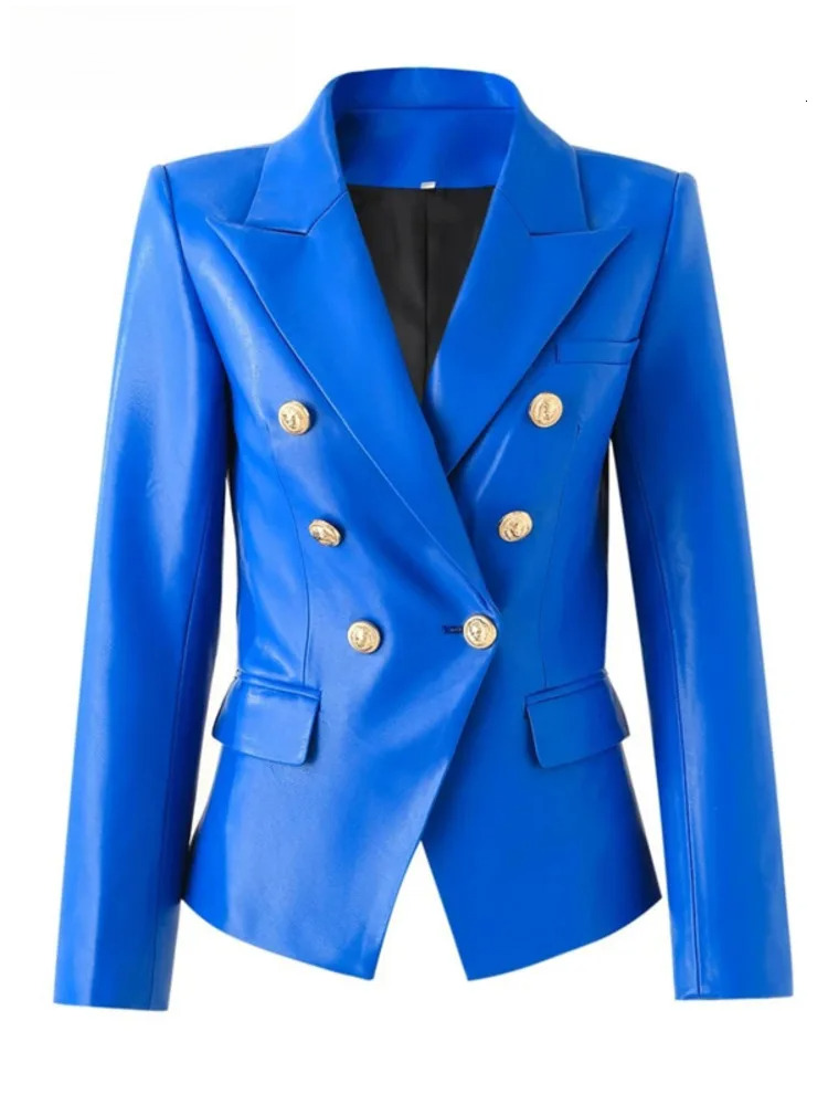 Autumn New High-Quality PU Leather Metal Buckle Pocket Slimming Temperament Suit Jacket Female Solid Color Fashion
