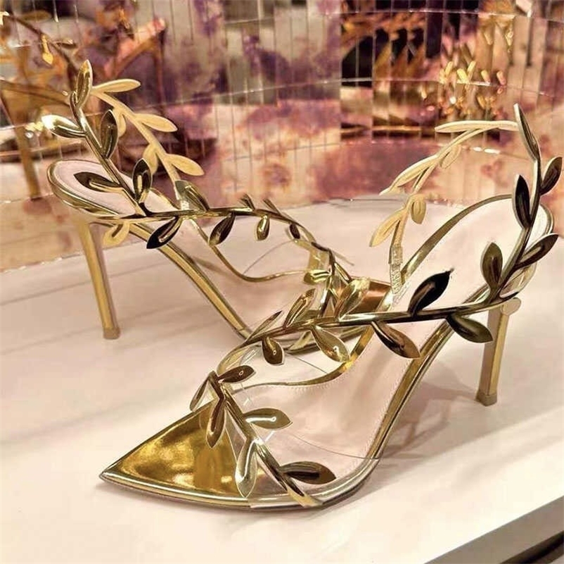 Summer Pointy Gold High Stiletto Leaves Elegant Fairy Sexy Banquet Transparent Sandals 250322