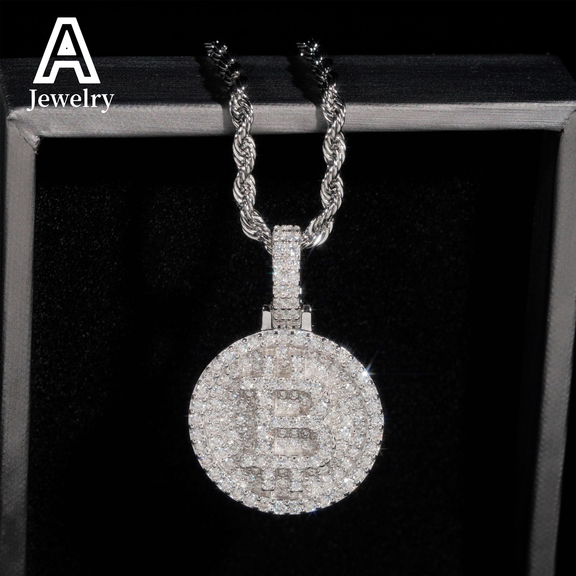 Iced out jewelry sterling silver B coin moissanite pendant custom design 25mm round shape mioissanite pendants