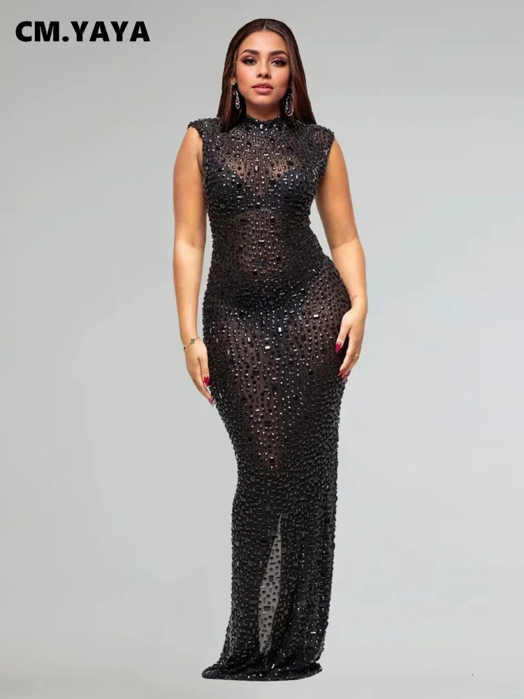 CM.YAYA Fall Diamonds Rhinestones O-neck Women Sleeveless Bodycon Long Dress Birthday Party Evening Prom Maxi Dresses 250322