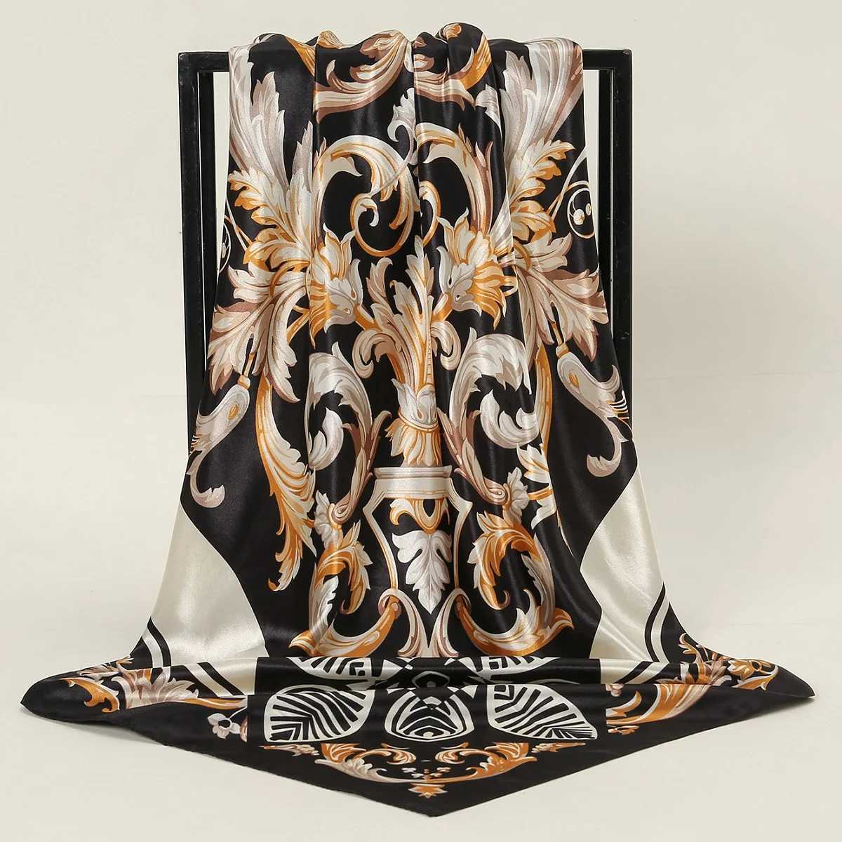 90 * 90cm Square Scarf Silk Ribbon Headscarf Black Printed Tape Packaging Fem Womens Travel Turban 2024 Muslim Headscarf X250324