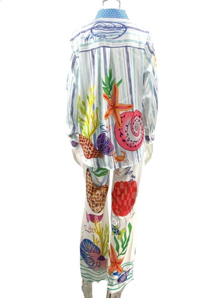 Bohemia Fruit Print Satin Loose Pants Sets Women Causal Long Sleeve Shirts Two Piece Sets Fmeale Summer Outfits Streetwear 250324