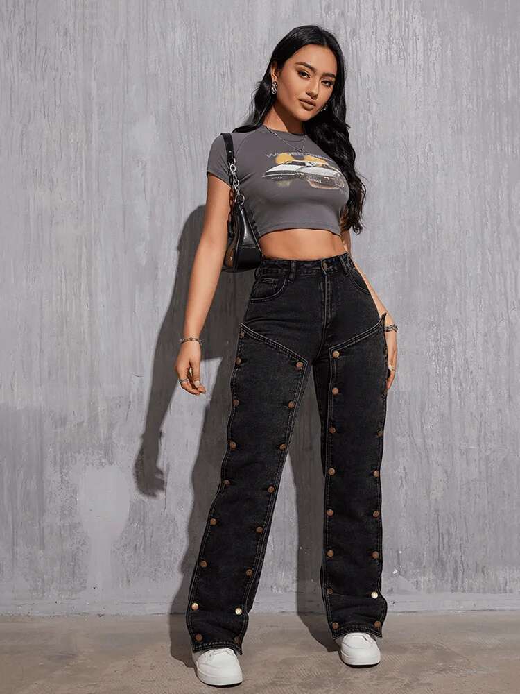 Reddachic Deconstructed Buttons Women Black Jeans Vintage Wash Irregular Low Waist Straight Cargo Pants Hiphop E-Girl Streetwear