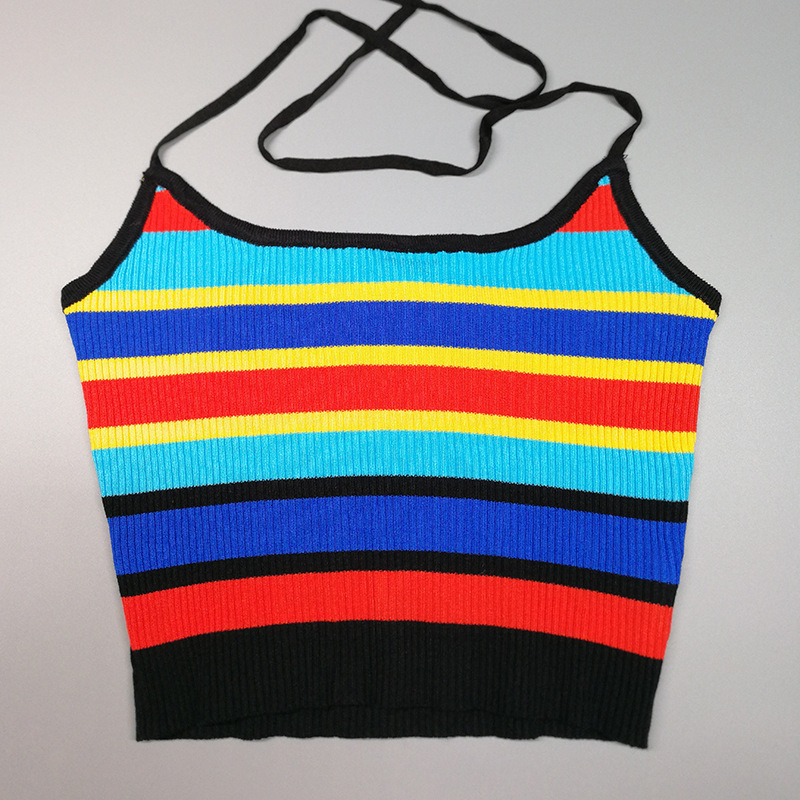 New Sexy Hot Girl Camisole For Women's Clothing, Worn Outside And On The Inside With Multi Colored Striped Short Crop Top