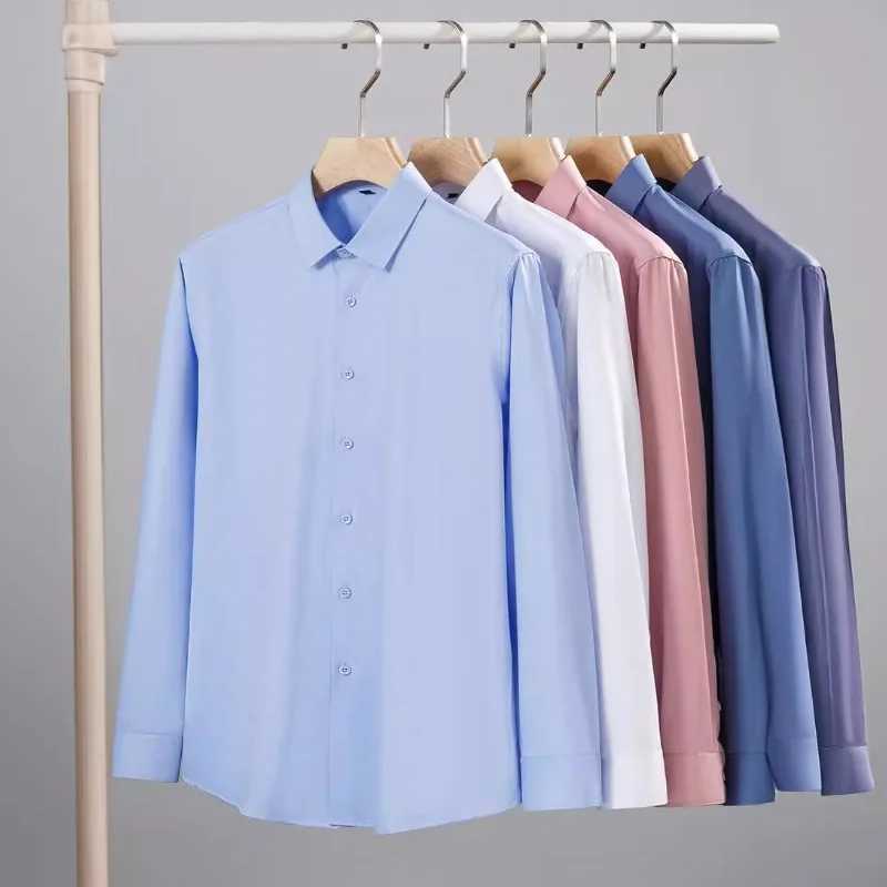 New wrinkle resistant mens shirt long sleeved dress suitable for slim fitting Camisa Social Business shirt white shirt blue S-4XL X250324