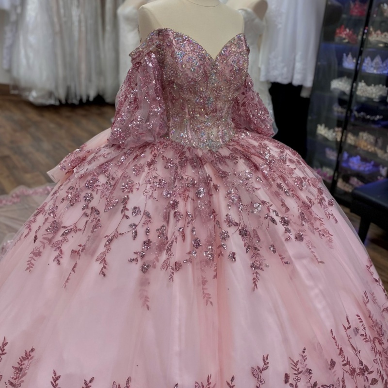 Pink Shiny Sweetheart Quinceanera Dresses Off The Shoulder Sequin Applique Lace Beads Tulle Corset Vestidos De 15 Anos Sweet 16 Dress