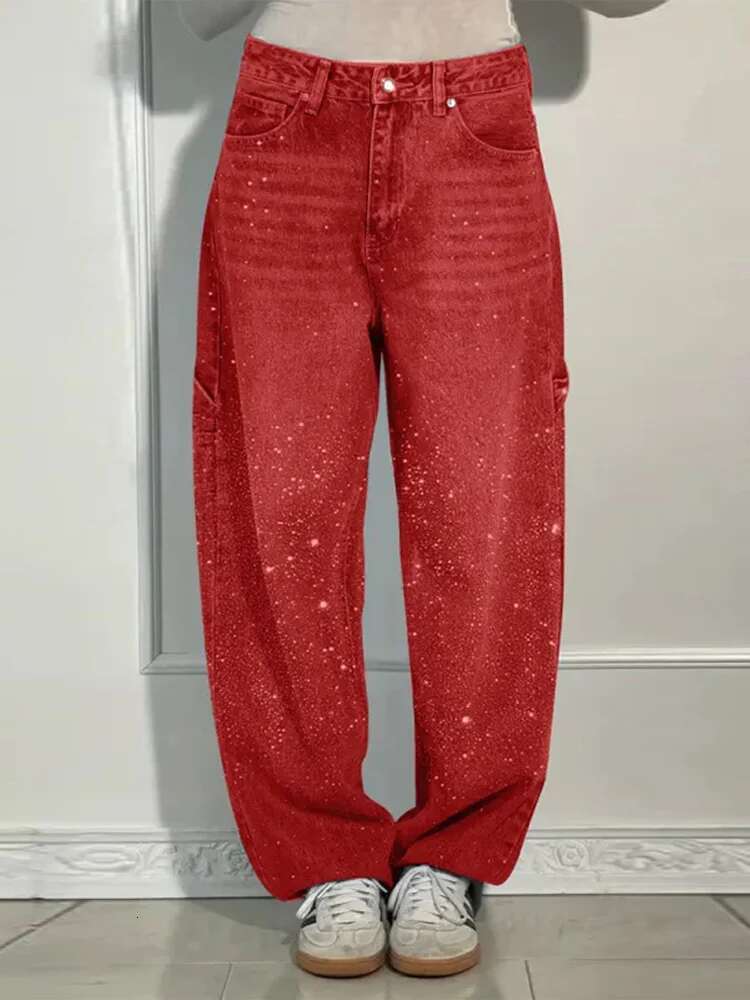 New Women's Shiny All Rhie Pink Denim Jeans Pant High Waist Straight Leg Pants Trendy Casual Streetwear Trousers