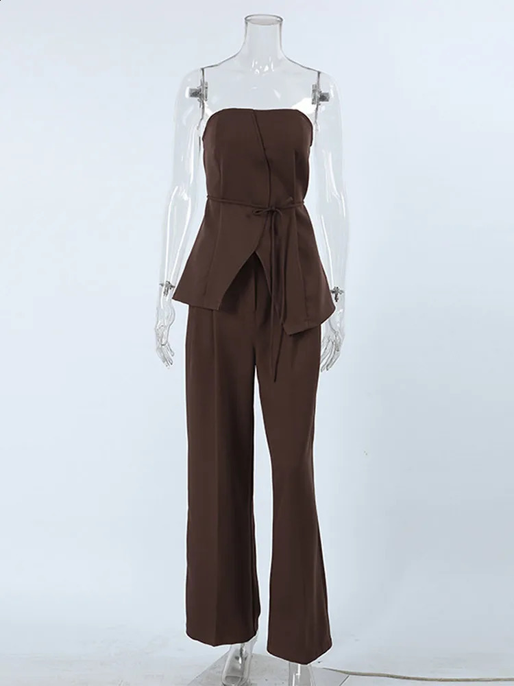 Women Pant Sets Sexy Backless Straps Sleeveless Lace Up Top Loose Wide Leg Pants Suit Female 2025 Summer Fashion Lady Outfits 250324