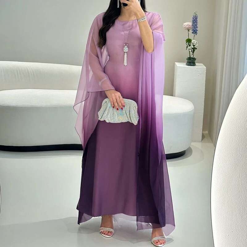 Gradient Printed Loose Women Banquet Elegant O-Neck Batwing Sleeve Long New 2024 Fashion Satin Slim Robe Dress Mujer