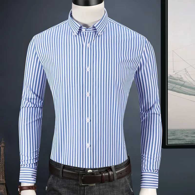 Mens long sleeved needlepoint striped dress with high-quality pocket free design ultra-thin fit casual button down easy to care cotton shirt X250324