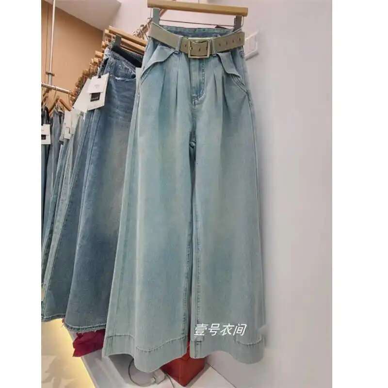 Blue Jeans For Women Quality High Waist American Wide Leg Pants Y2k Vintage Fashion Straight Spliced Spring Bagge Trousers