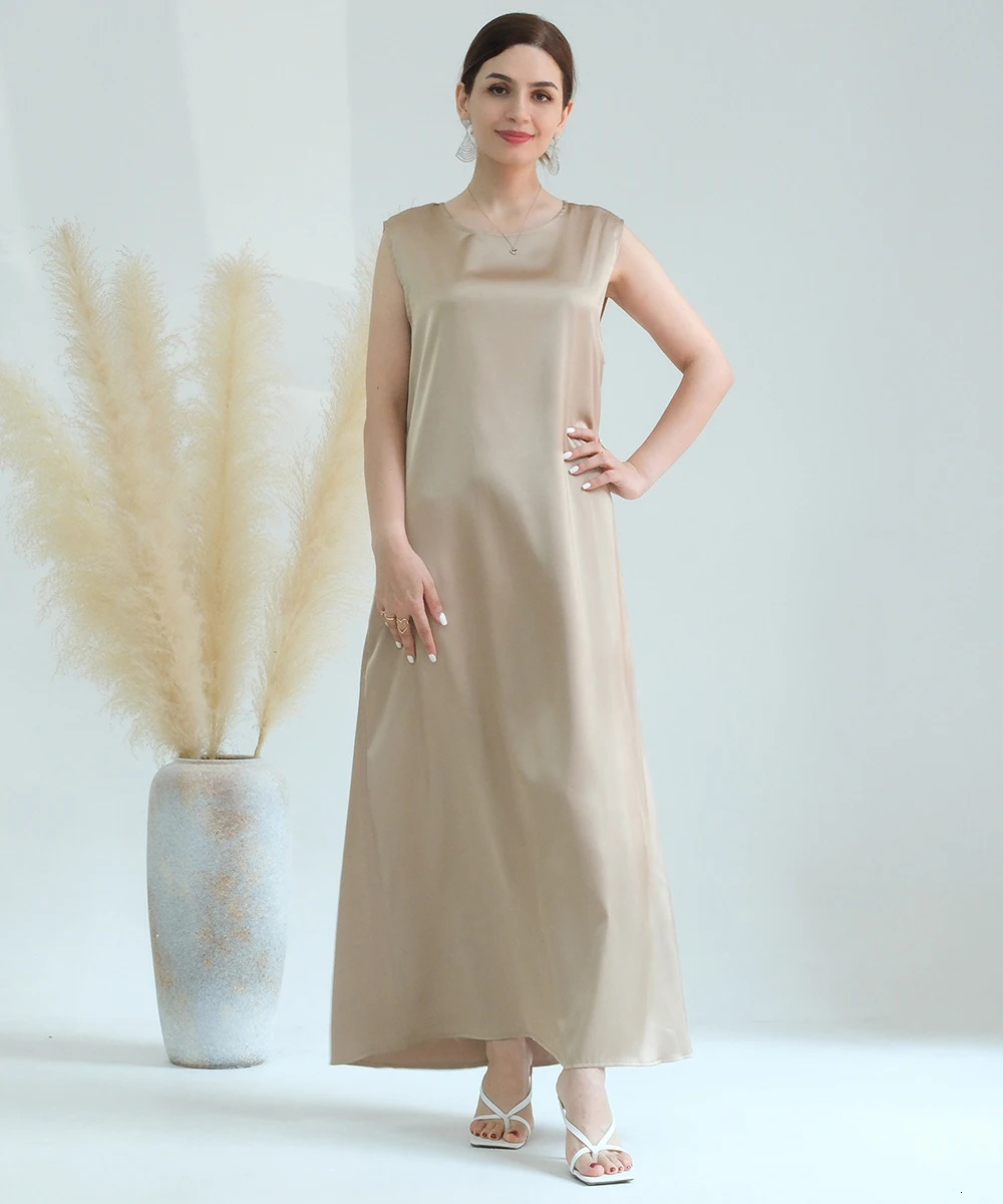 Basic Plain Under Satin Abaya Inner Dress High Quality White Sleeveless Slip Dresses White Plain EID Ramadan Islamic Clothing 250324