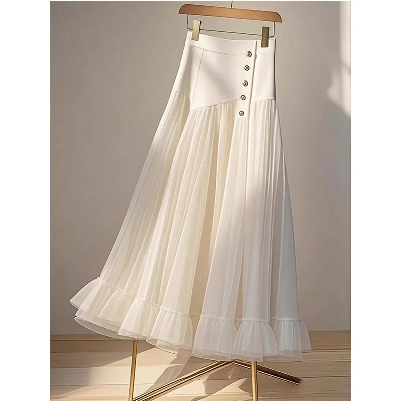 oversized Aline leather for women in spring and autumn with temperature patches work mesh yarn high waist pleated fashionable 250324