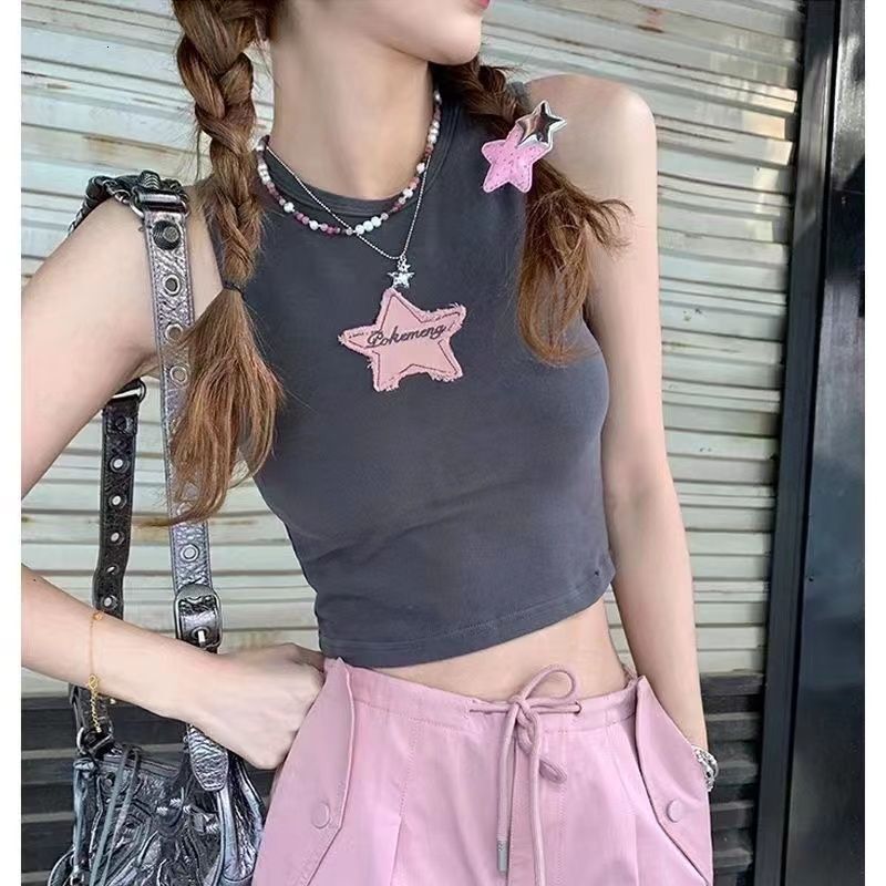 2025 New Designer Vest 250g Pit Pattern American Spicy Female Star Sticker Outdoor Leisure Sports Beach Women's Slim Fit Short Vest