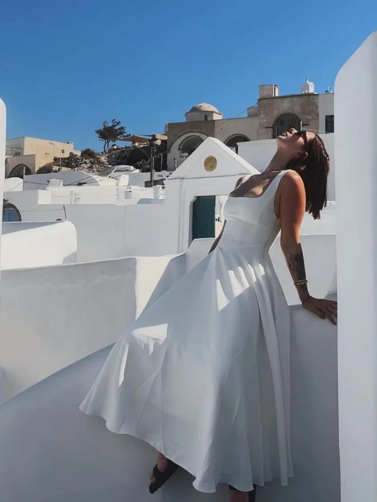 Elegant White High Waist Womens Dress Fashion Square Neck Sleeveless A-line Dresses 2025 Vocation Beach Party Streetwear 250322