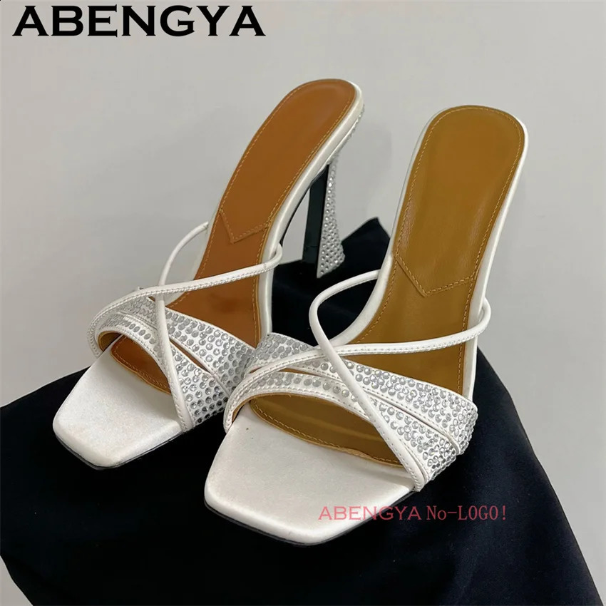 ABENGYA 2025 Thin High Heels Mules Slippers Women Square Open Toe Satin Rhinestone Sandals Summer Sexy Dress Shoes Woman 250322