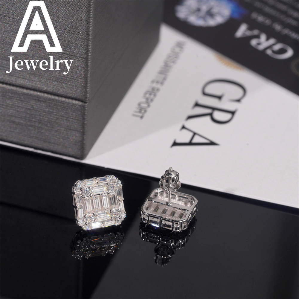 Fine jewelry Hip Hop Baguette Moissanite Square Shape s925 Silver Mens VVS Moissanite Stud Earrings