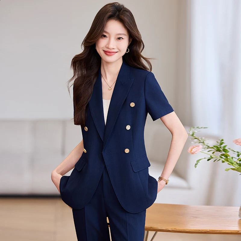 ZJYT Fashion Spring Summer Pant Suit Women Office Business Formal Short Sleeve Blazer Trousers Set 2 Piece Outfit Pink Plus Size 250324