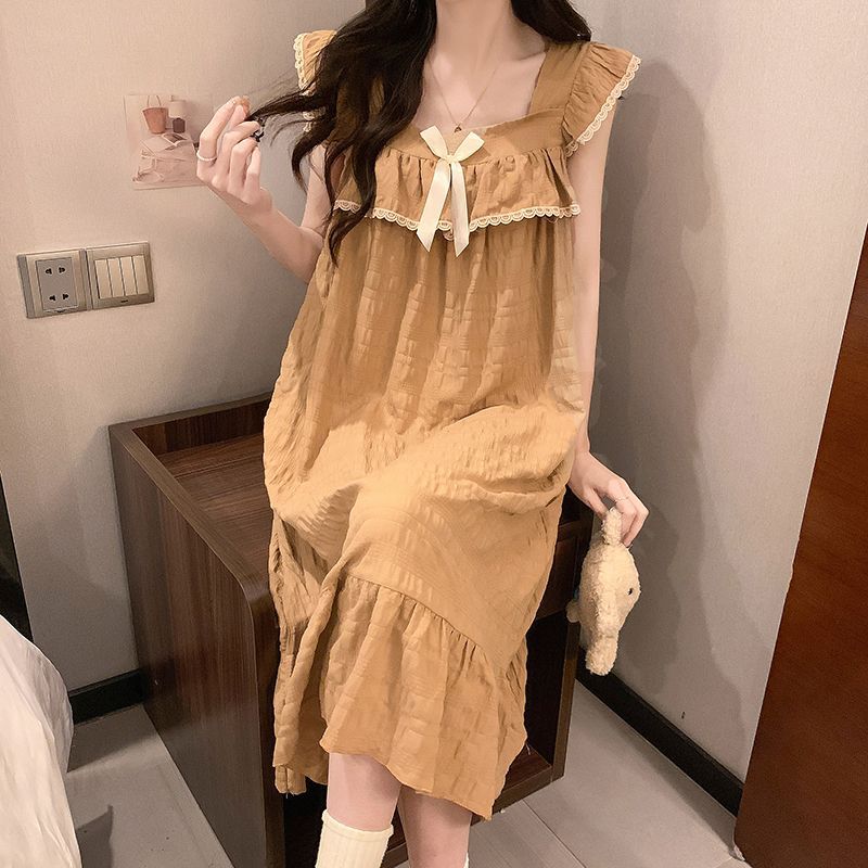 G135 Suspender Nightdress with Chest Pad Pajamas Women's Summer Sweet Solid Color Loose Midi Dress