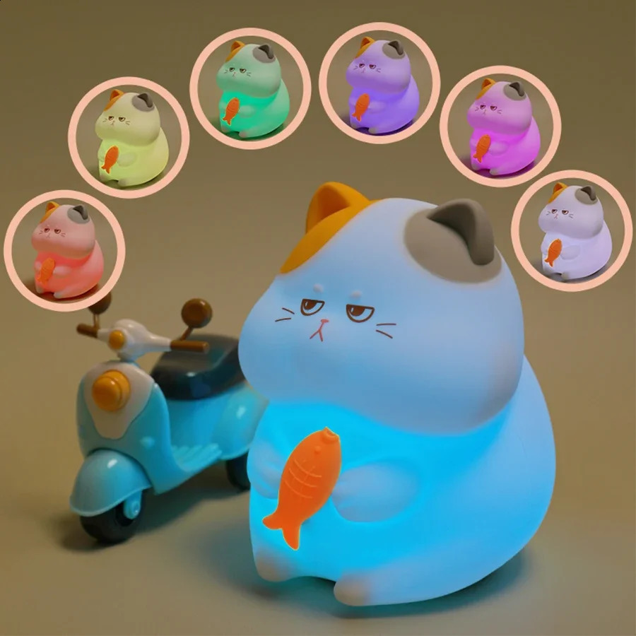 Delicious cat night light rechargeable silicone touch pattern light interesting cat and fish lights animal lights bedside table decoration 250324
