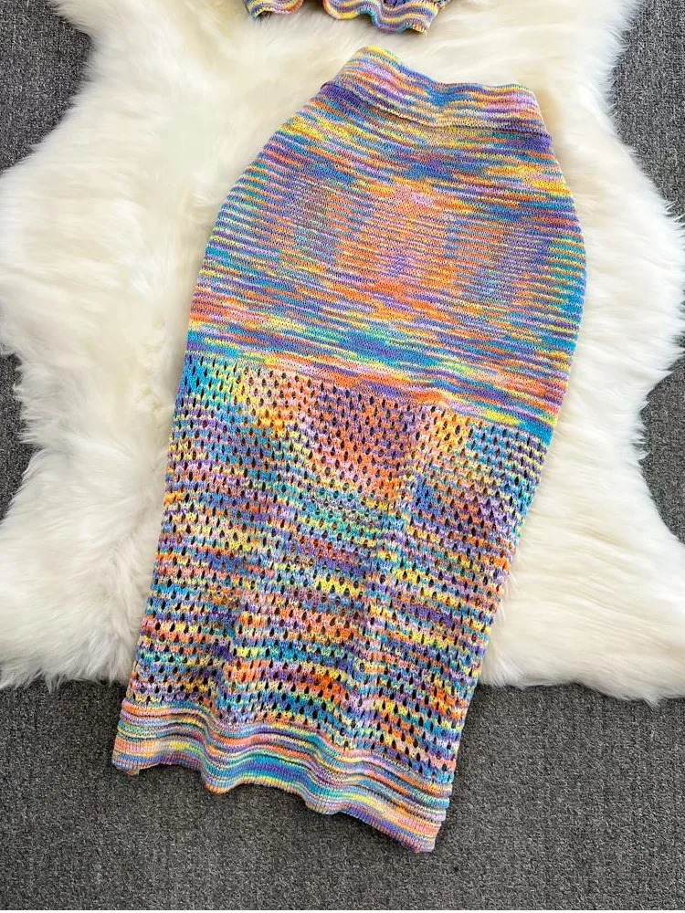 Vintage Beach Holiday Knitted Skirts Suit Summer Fashion Strap Crop Tops Bodycon Saya 2 Pieces Set Women Outfits Female Clothes 250324