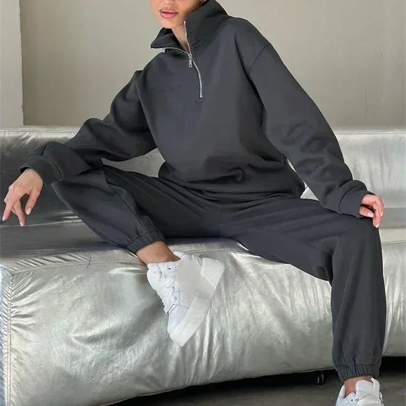 Autumn Womens Tracksuit with Zipper Cotton Oversize White Casual Two Piece Set Women Classic Sports Trouser Suits for Women 250322