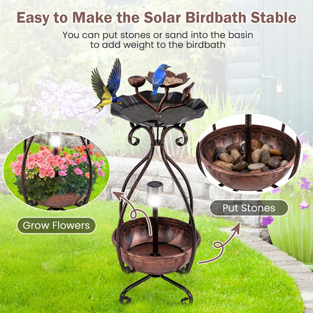 1 pc Solar Outdoor Bird Bath Feeder Combo with Flower Planter Pedestal and Lights 250320