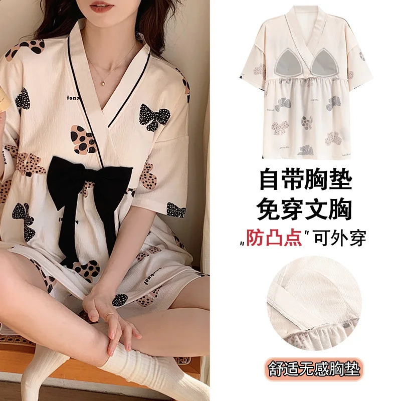 Korean pajama set womens summer casual wear pajama sweet collar Kawaii bear print pajama Japanese family set 250321