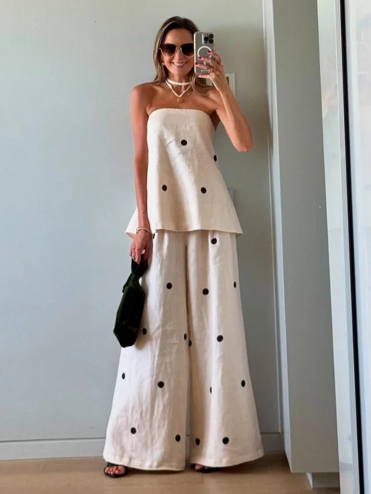 Women Fashion Polka Dot Wide Leg Pant 2 Piece Set Sexy Off Shoulder Sleeveless Vest Tops Suit 2025 Vocation Streetwear 250324