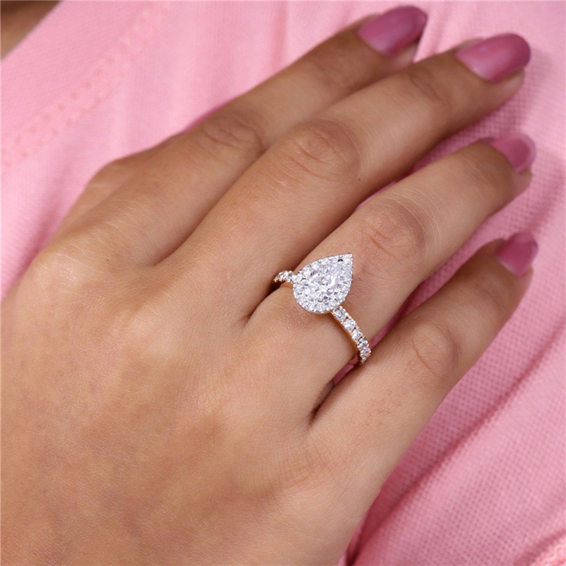 Jewelry 0.70 Carat Pear Cut Lab Diamond Halo Two Tones Fashion Style Engagement Solid Gold Ring For Women 18K 14K Real Gold