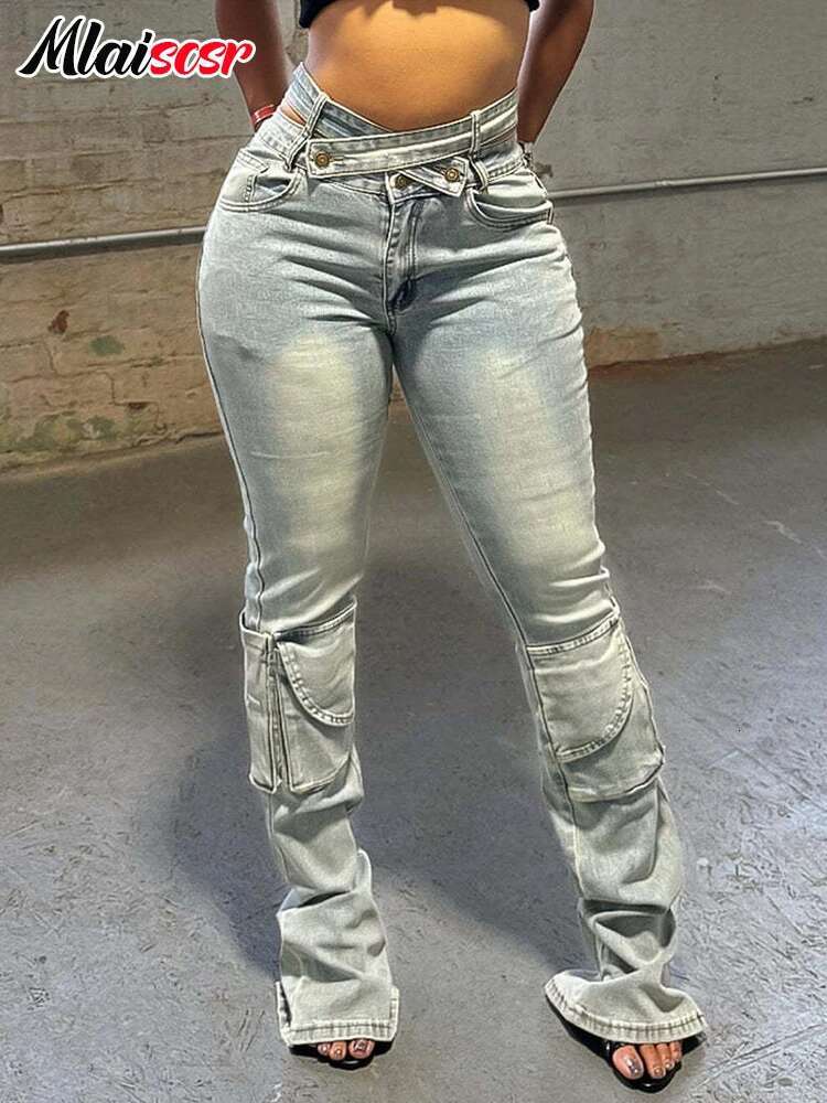 Mlaiscsr Vintage Stretch Denim Pants Women Buttons Pocket Patchwork High Waist Cargo Jeans Autumn Winter Bottoms Y2k Streetwear