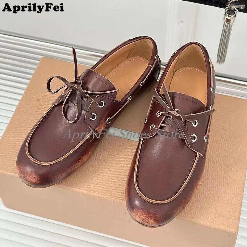 Holiday Walk Shoes Knots Flats Loafers Women Vintage Brown Cow Leather Comfortable Designer Mocasines Socialite Boat Shoe Runway