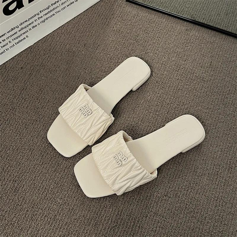 Flat slippers sandals Designer free Shipping flat sandals durable sports shoes External penetration women square letter pleated comfortable slipper NE